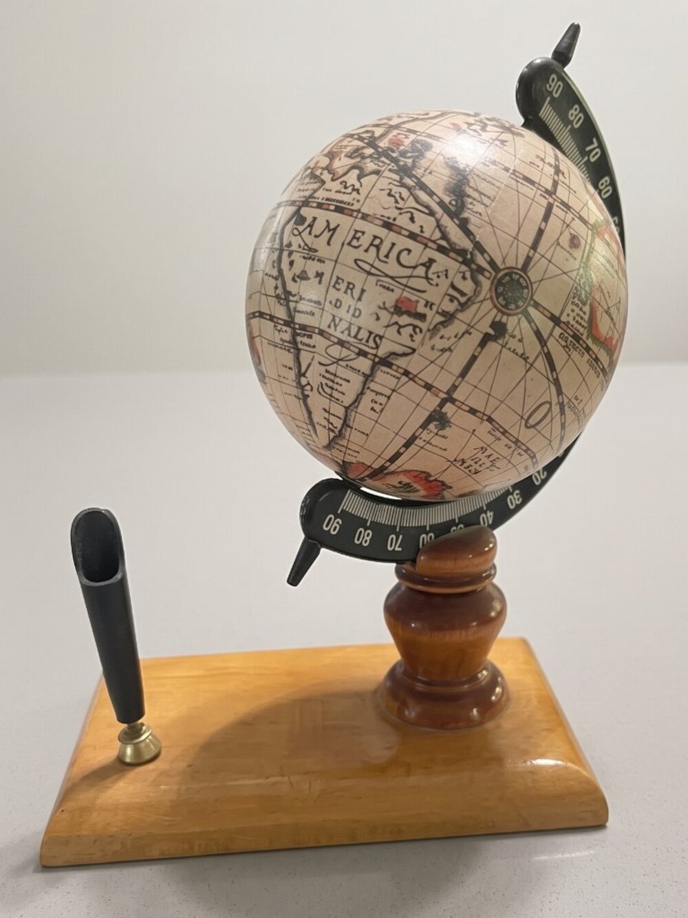 Vintage MCM Old World Globe Desktop Pen Holder Wood Stand Japan Desk Decor